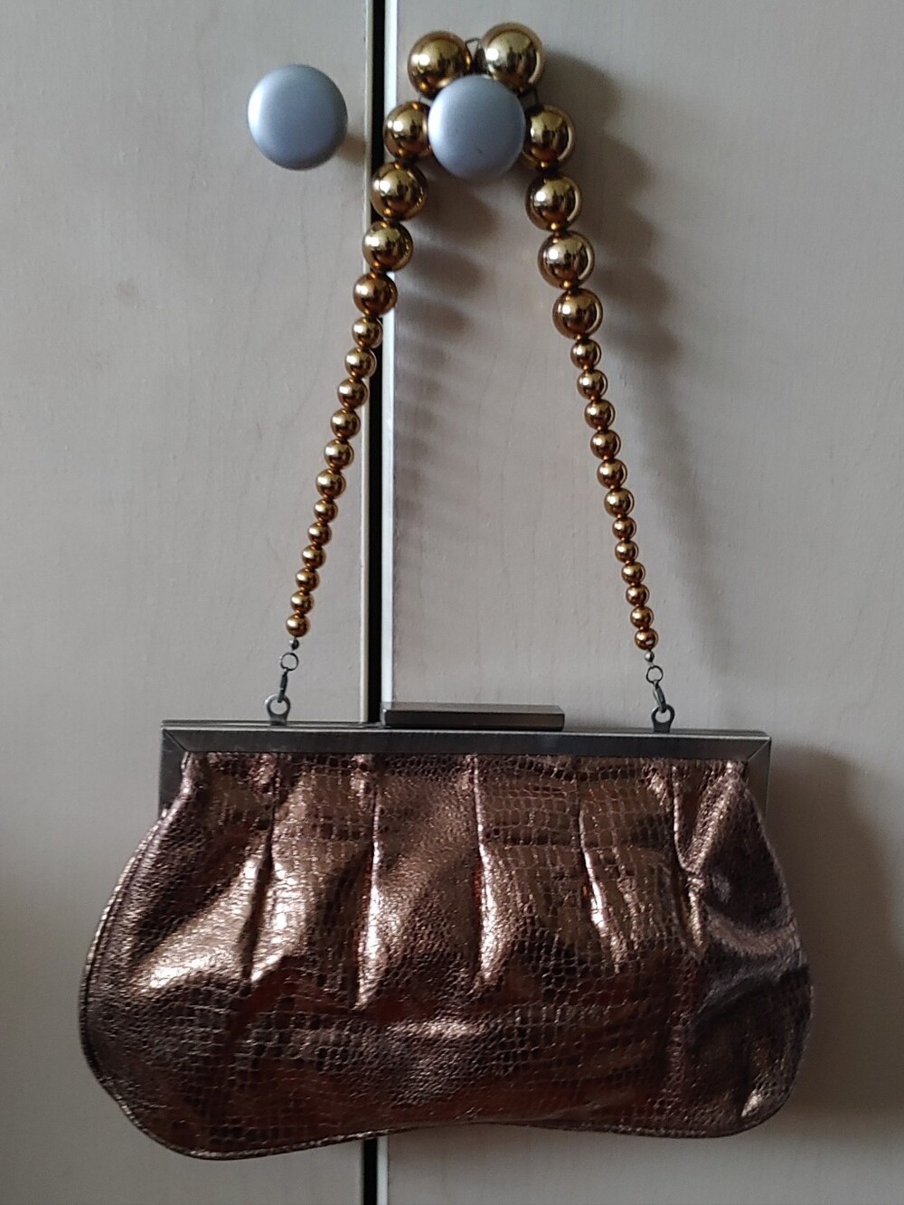 Vintage Aldo Metallic Copper Croc-Embossed Evening Clutch with Beaded Handle